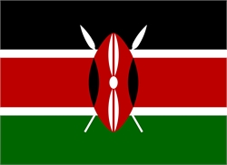 [ai] The national flag of Kenya featuring horizontal stripes of black, red, white, and green, with a red and black shield at the center surrounded by crossed white spears.